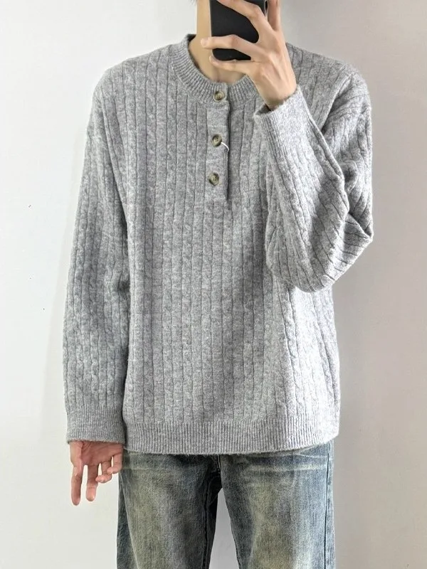 

American Retro Twisted Henry Collar Knitwear Men's Loose Casual Sle Autumn Winter Sweater Comfortable Soft Long Sve Top