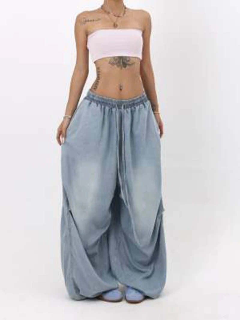 

Summer Luxury Soft Cozy Fabric Woman Jeans Loose Wide Leg Elastic Waist Pants Fashion Casual Trousers Plus Length