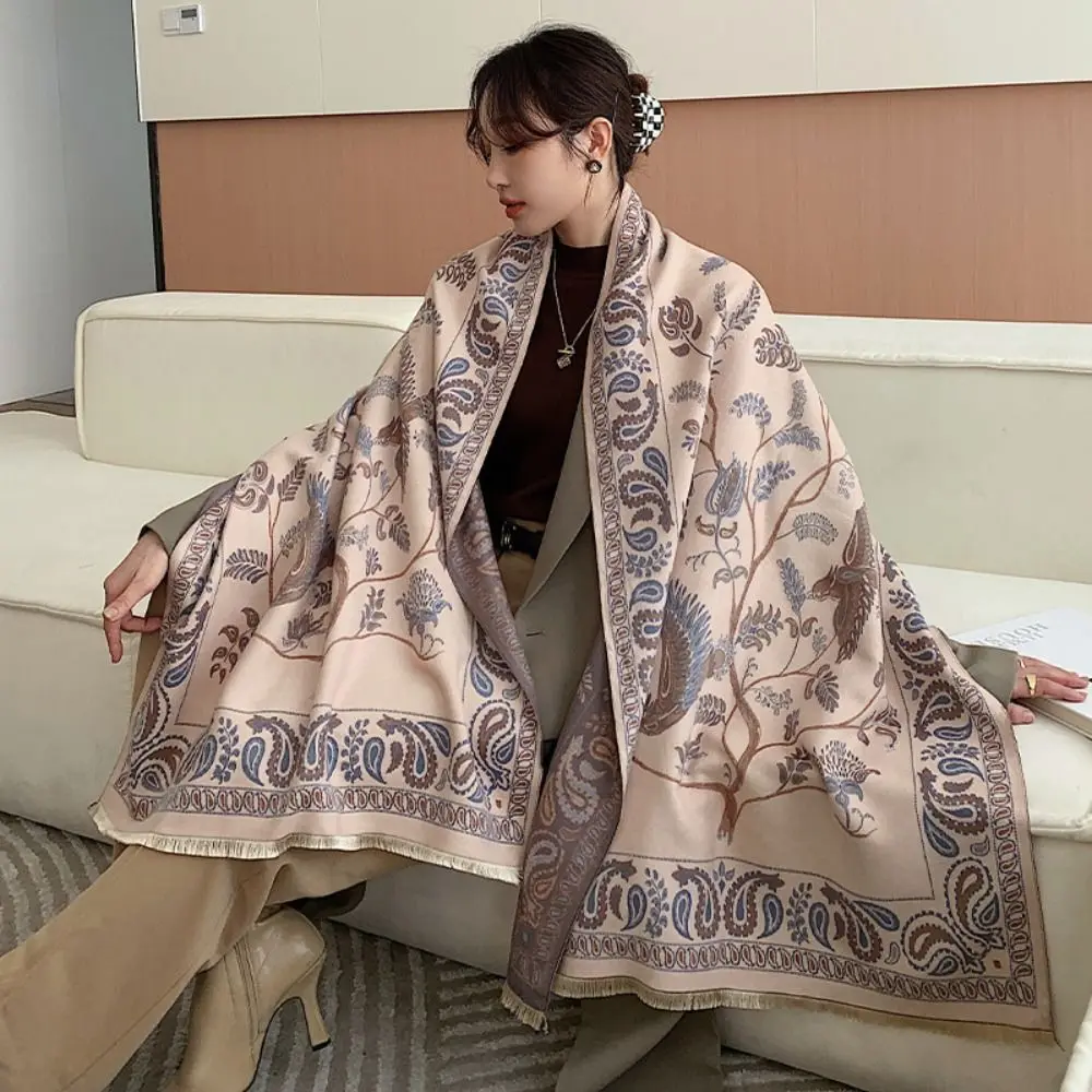 

Elegant Bird Printed Scarf Flower Warm Cashmere Tassel Scarves Korean Style Scarves Thick Blanket Large Shawl Spring