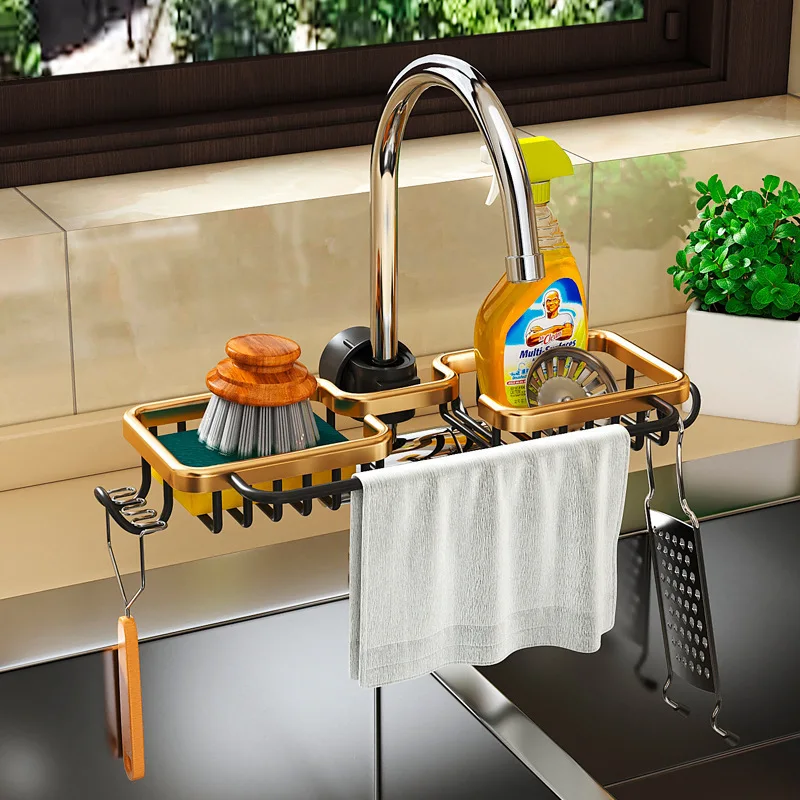 Kitchen Aluminum Sink Storage Rack Sponge Drain Holder Drainer Faucet Shelf Basket Towel Organizer Bathroom Accessories