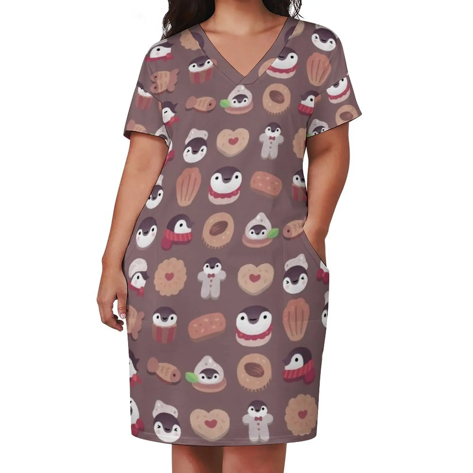 Cookie cream penguin - brown pattern Loose Pocket Dress summer women's suit summer dress