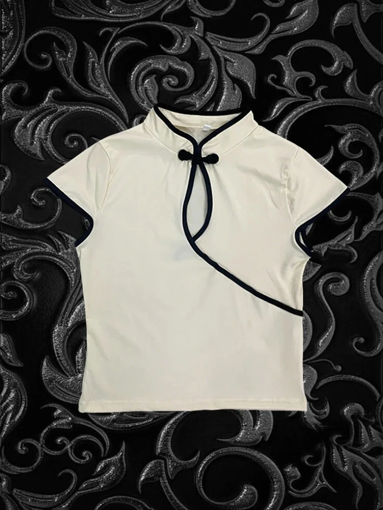 Y2K Temperamentvolle, einfarbige, modische, schmale Kurzarm-Tops mit Knopfkragen – Neue chinesische Retro-Ästhetik, vielseitige Klassiker T-Shirts