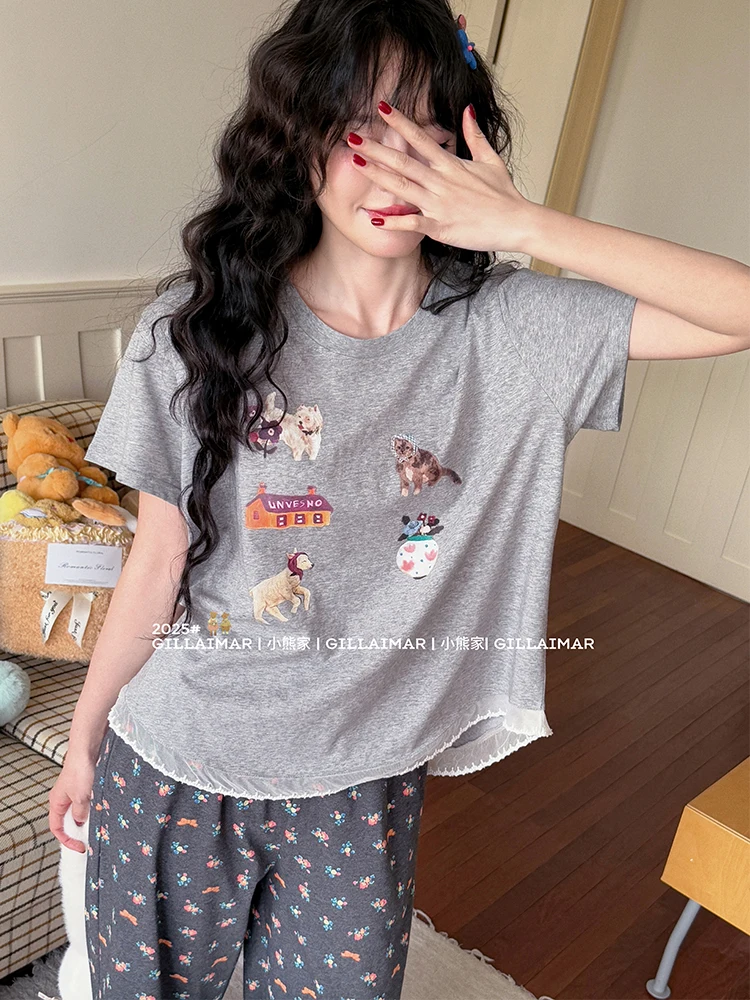 2025 summer new Japanese original cartoon cat short-sleeved suit round neck sweet girl floral casual loose loungewear