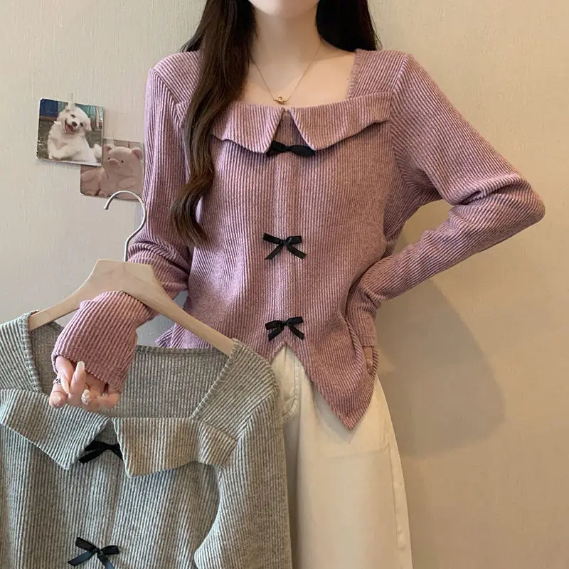 

Elegant Square Collar Pullovers Female Clothing Fashion Bow Spliced Spring Autumn New Solid Color Aura Irregular Knitted T-shirt