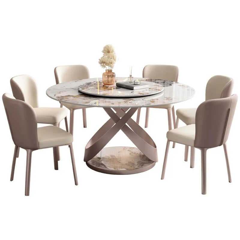 Italian Light Luxury Sintered Stone Slate Top Dining Table Round Rotating Dining Table With Rotating Centre
