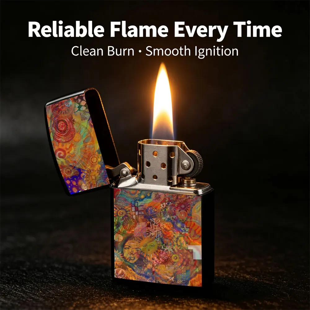 Pocket Lighter, Flip-Top Windproof, Colorful Abstract Art Painting Design, Metal Shell, Comfortable Grip, Portable - 150 Characters