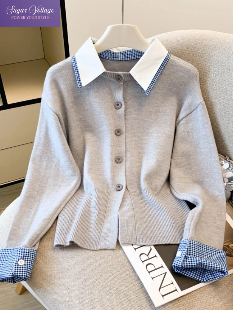 

Autumn New Vintage Elegant Fake Two Pieces Shirts Women's Casual Knit Button Long Sleeve Work Shirt Sweet Gentle Chic Slim Shirt