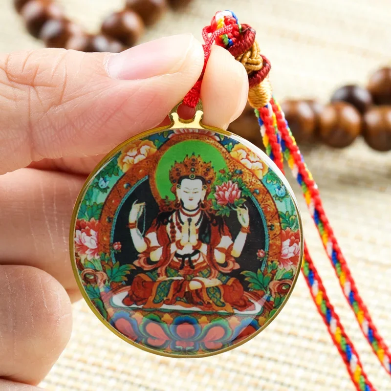 Four Arm Avalokitesvara Buddha Statue Small Thangka Tibetan Buddhism Copper Foil Pendant Necklace