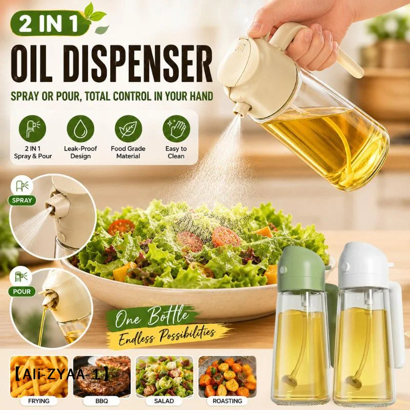 【A】470ml Glass Oil Spray Bottle 2 In 1 Dispenser + Sprayer Kitchen Oil Spray Bottle Large Capacity Spray Pour Integrated Oil Pot