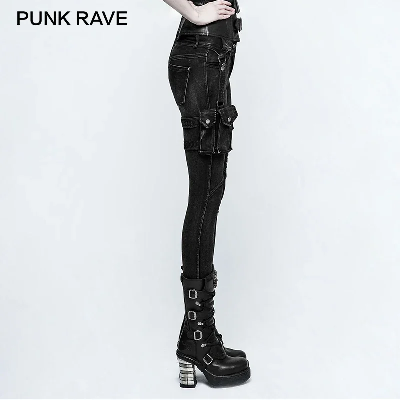 Imagem -02 - Novas Calças Punk Rave Bolso Rebite Botão Cinto Jeans Punk Rock Feminino Skinny com Cintura Alta Calça Jeans Preta para Mulheres