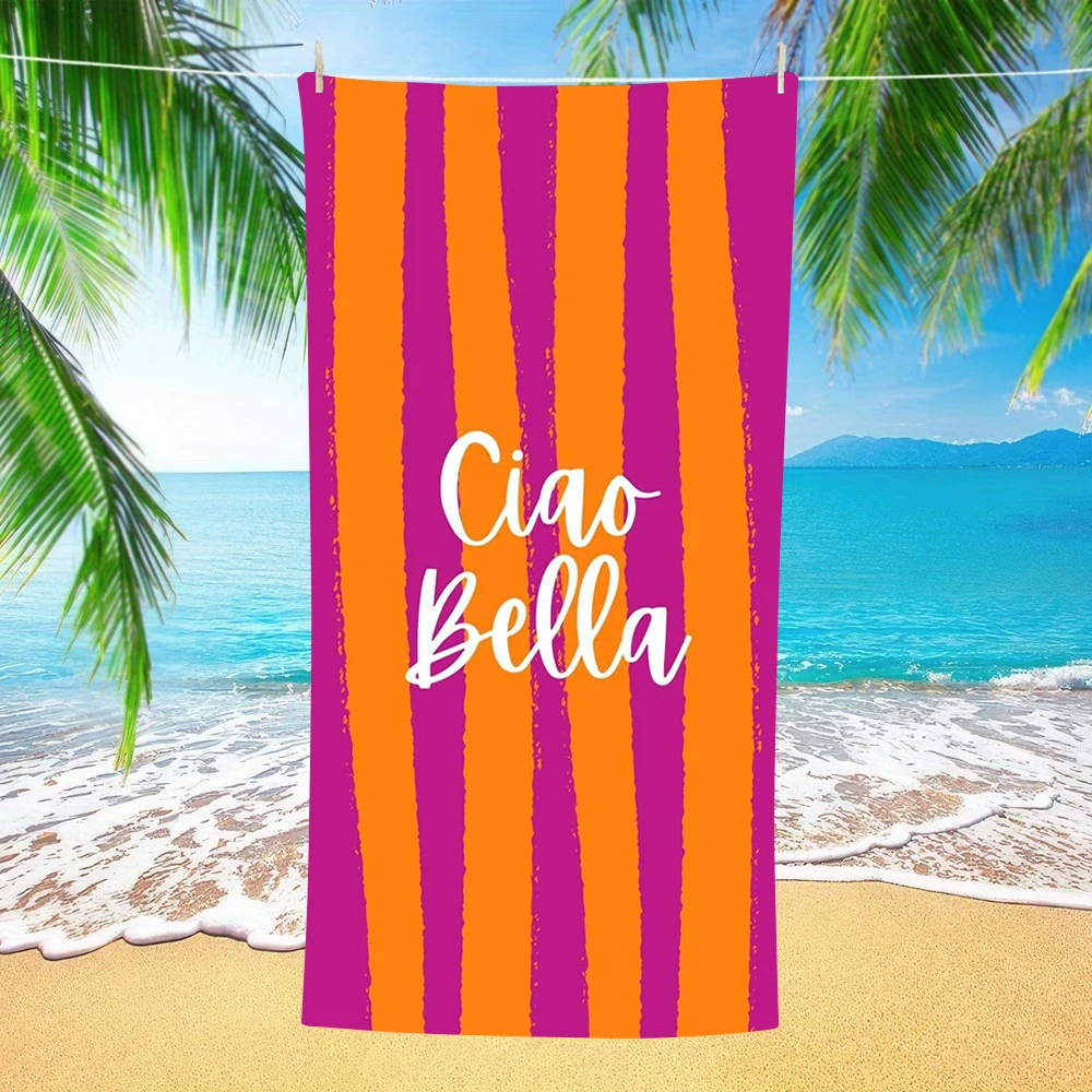 Orange Magenta Vertical Stripe Ciao Bella Letter Print Beach Towel Soft Compact Towel for Vacation Camping Swimming Beach Use