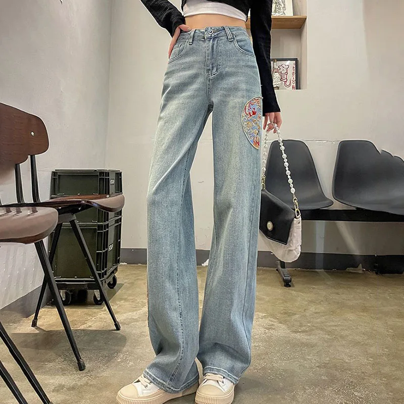 High Waist Vintage National Style Embroidered Wide-Leg Jeans Women's New Spring Summer Loose Thin Narrow Straight Mop Pants