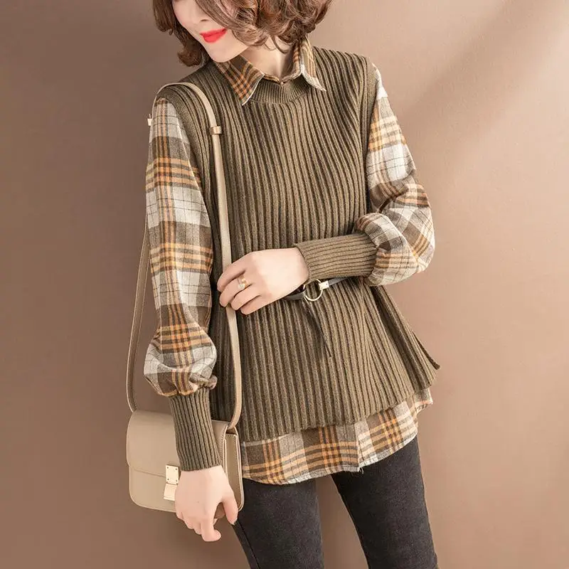 Trend Long Sleeve Plaid Blouse Vest Two-piece Set for Women\'s Spring Autumn New Fashion All-match Suit Vintage Casual Clothing