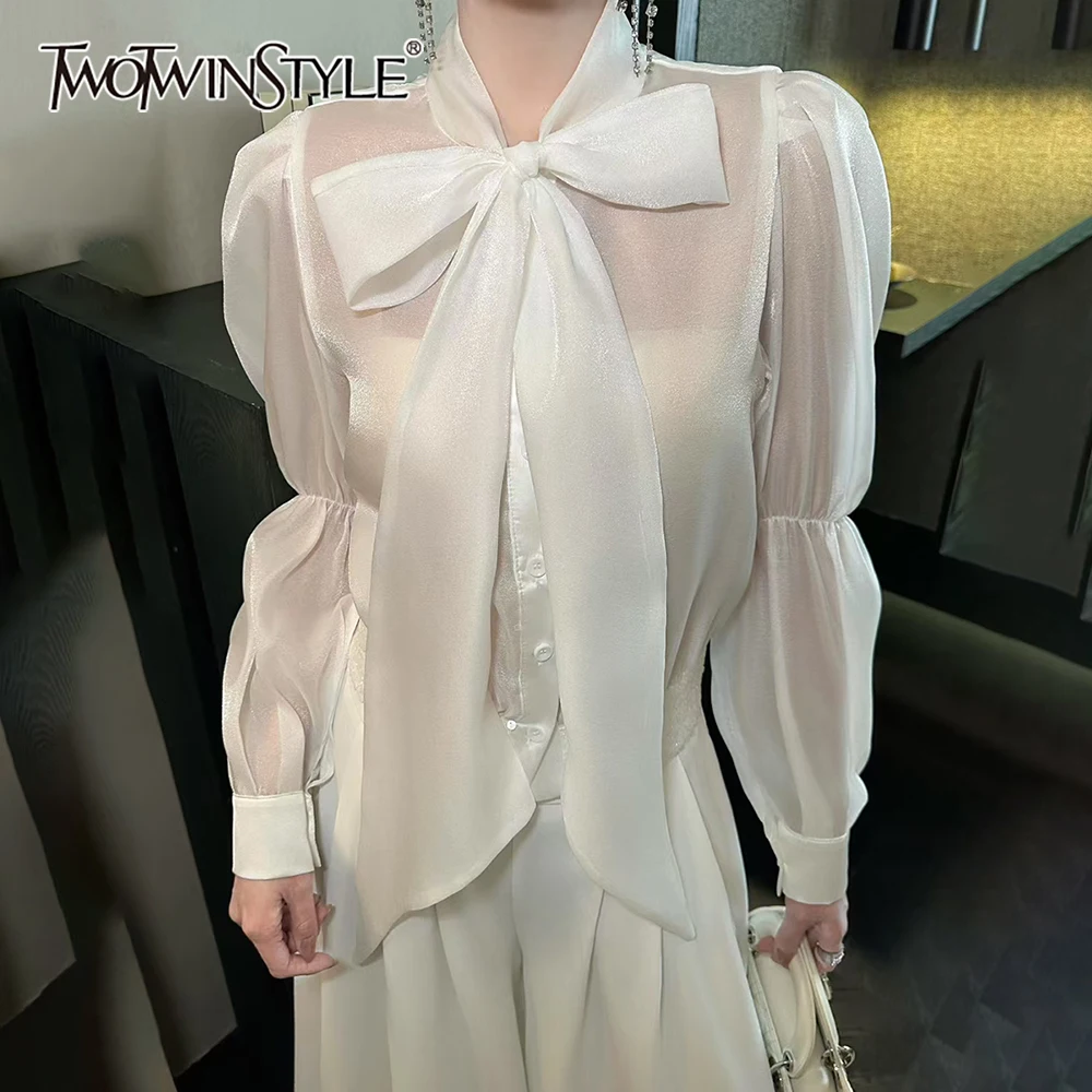 

TWOTWINSTYLE White Spliced Place Up Shirt Female Turtleneck Puff Sleeve Sweet Design Women's Shirts Autumn New Fashion Clothing