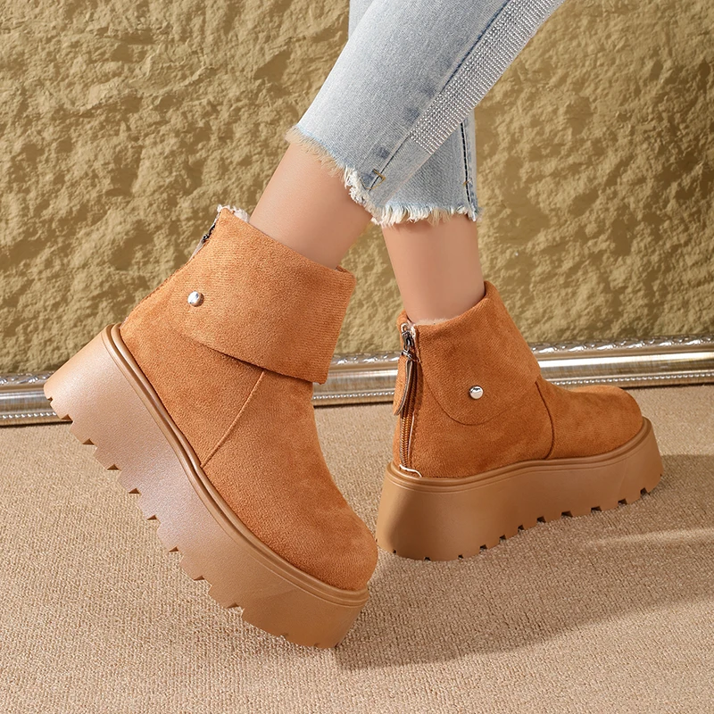 2025 Botas de nieve con plataforma de nuevo estilo para mujer: zapatos de suela gruesa con diseño de puños, forro polar y cálido