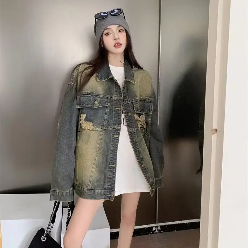 

Retro American Distred Denim Jaet Women's Spring Autumn Loose Fit Large Size Mid-Length Street Sle Jaet Top