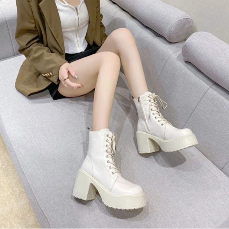 Women's Boots Fashion Thick Heel High Heel Boots Luxury Casual Leather Boot Lace-up Platform Boot Side Zip Ladies Mid-Calf Boots