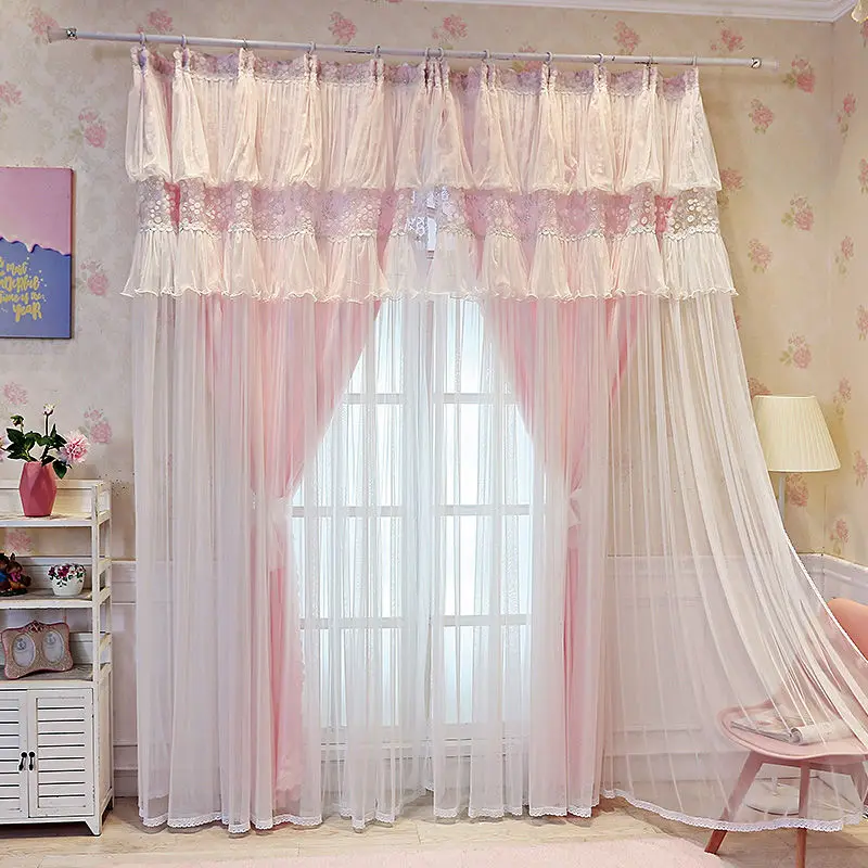 Modern Minimalist Romantic Countryside Style Double Layered Curtain Lace Curtain for Girls' Bedroom
