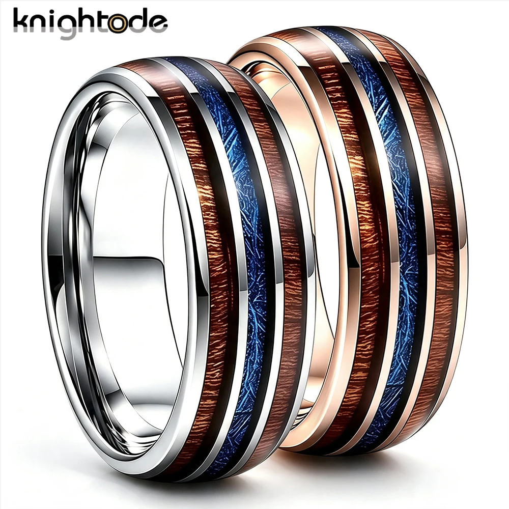 8mm Tungsten Carbide Couple Rings with Wood Inlay And Blue Meteorite Comfort Fit Wedding Bands for Men And Women Engagement Jewe