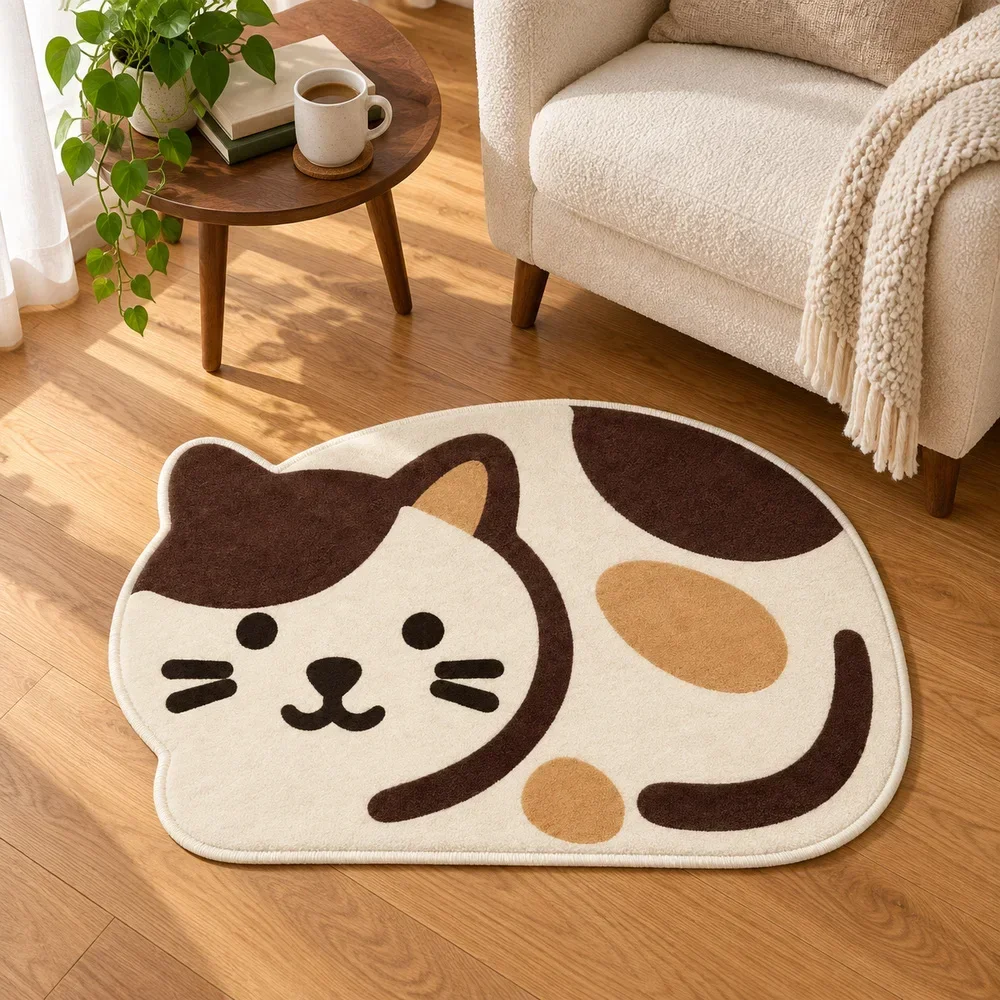 Sleeping Calico Cat Irregular Shaped Area Rug, Soft Non Slip Floor Mat for Bedroom Living Room Entryway Nursery Reading Corner
