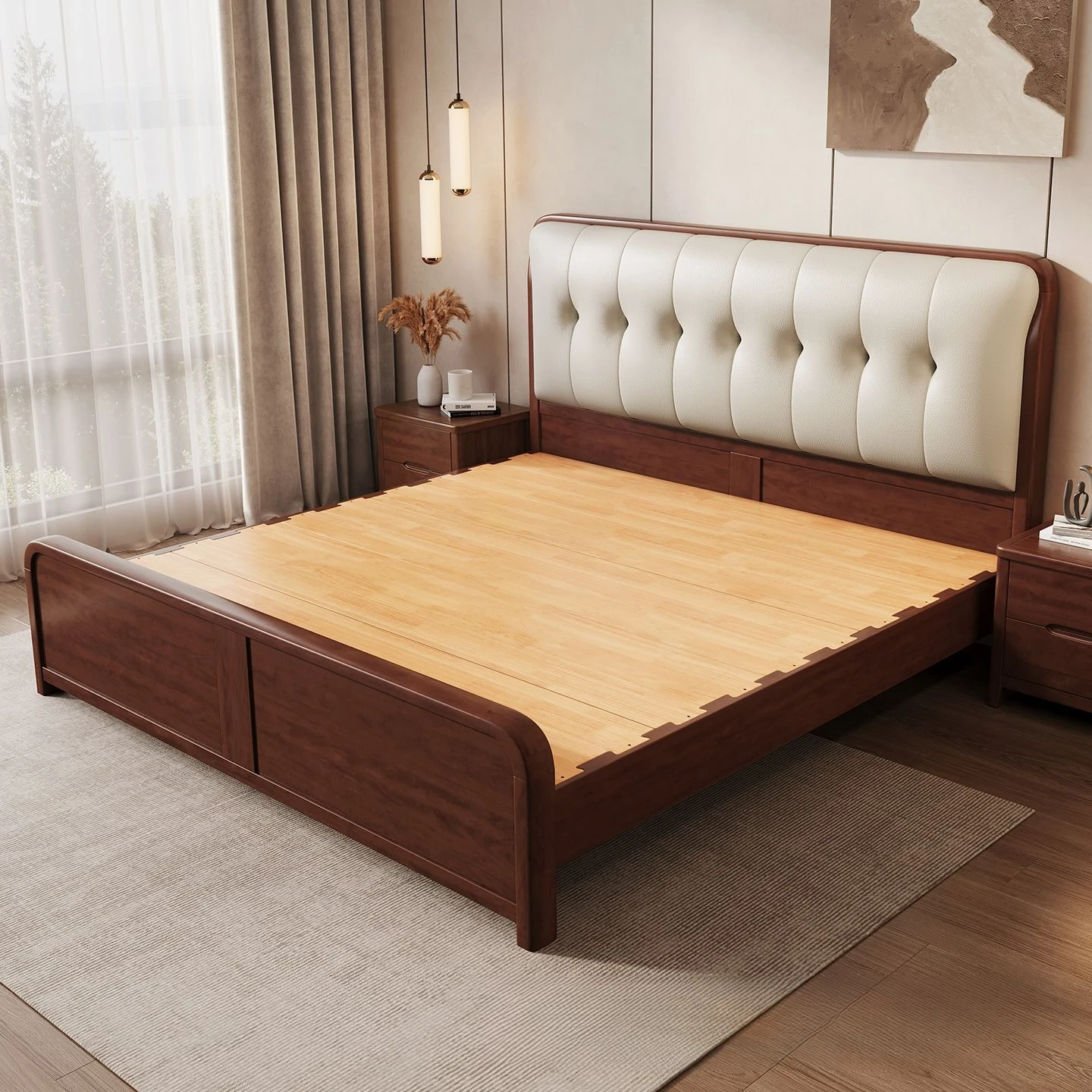 Full rounded corner bedside solid wood bed anti-collision whole thickened solid wood full bed silent wedding bed