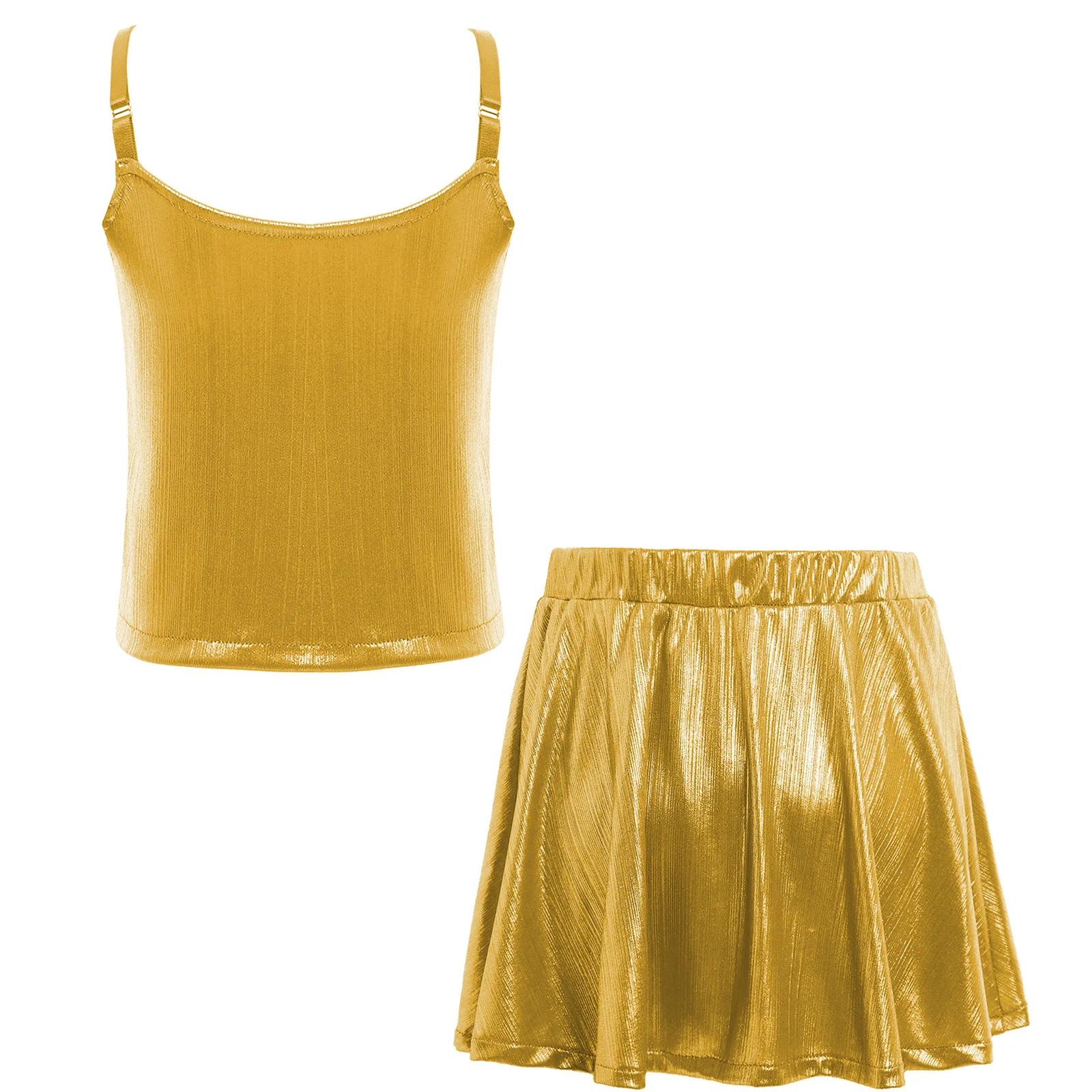 Kids Girls Jazz Dance Costumes Adjustable Straps Metallic Camisole Crop Top Vest+Shimmery Ruffled Skirt Carnival Party Dancewear