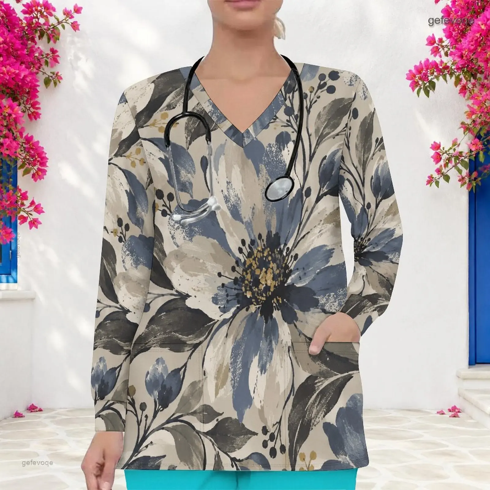 Women Watercolor Floral Printed V Neck Long Sleeve Scrub Top with Front Pockets