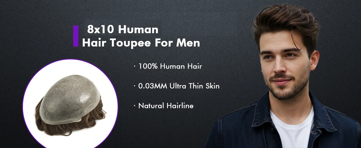 شعر مستعار من البولي يوريثان مقاس 8 × 10 بوصة للرجال من OCK - شعر بشري أوروبي على شكل حرف V، نظام استبدال الشعر بقاعدة PU رفيعة للغاية #5