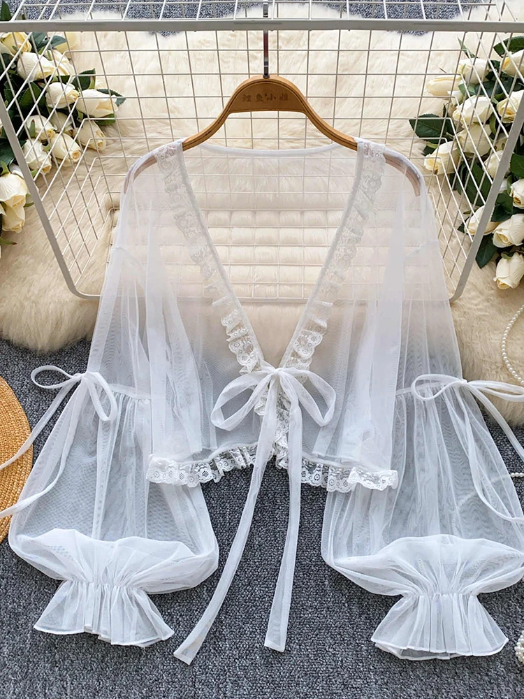 

Sweet Bow Sun Protection Clothing For Women Korean Lace Lantern Sleeved Rashguard Chic Thin Chiffon Shawl Sun Protection Shirts