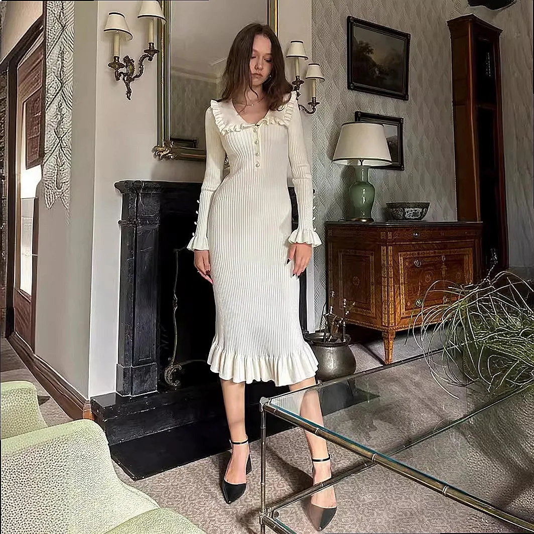 Retro Vintage Dress Dresses French Style Ruffle Knit Sweater Dress Spring Summer Elegant Women