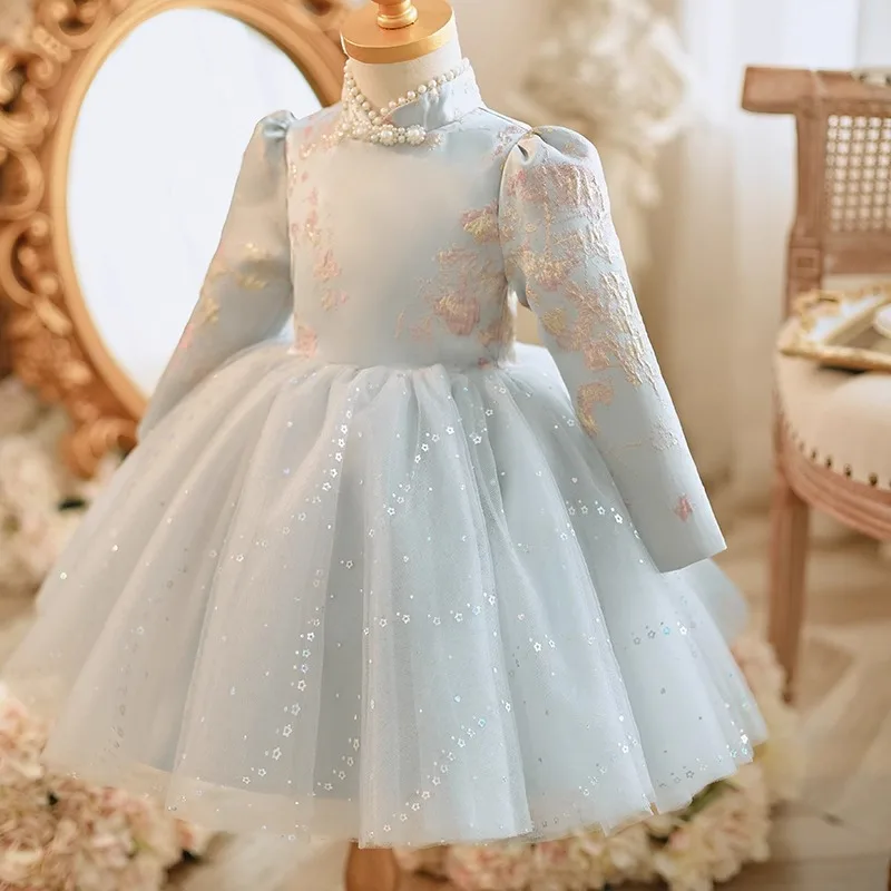 

2024 Summer Hot Selling New Children's Blue Dress Girl's printed birthday party dress Long sleeved super fairy children's dress