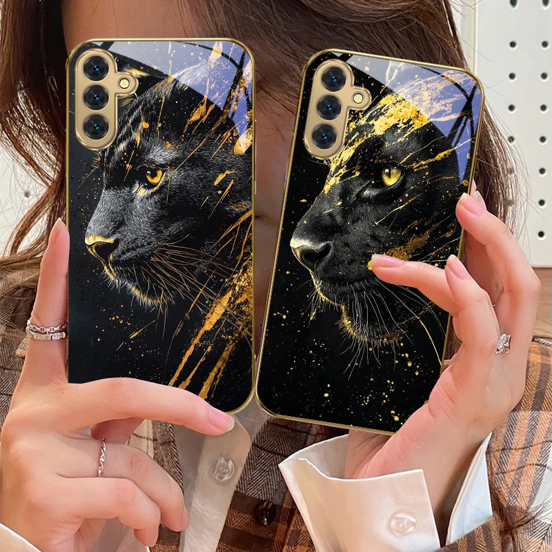 The calm black panther For Samsung Galaxy S20 FE S21 S22 S23 Plus S24 Ultra 25Ultra S21+ S9+ S22Plus Golden glass phone case
