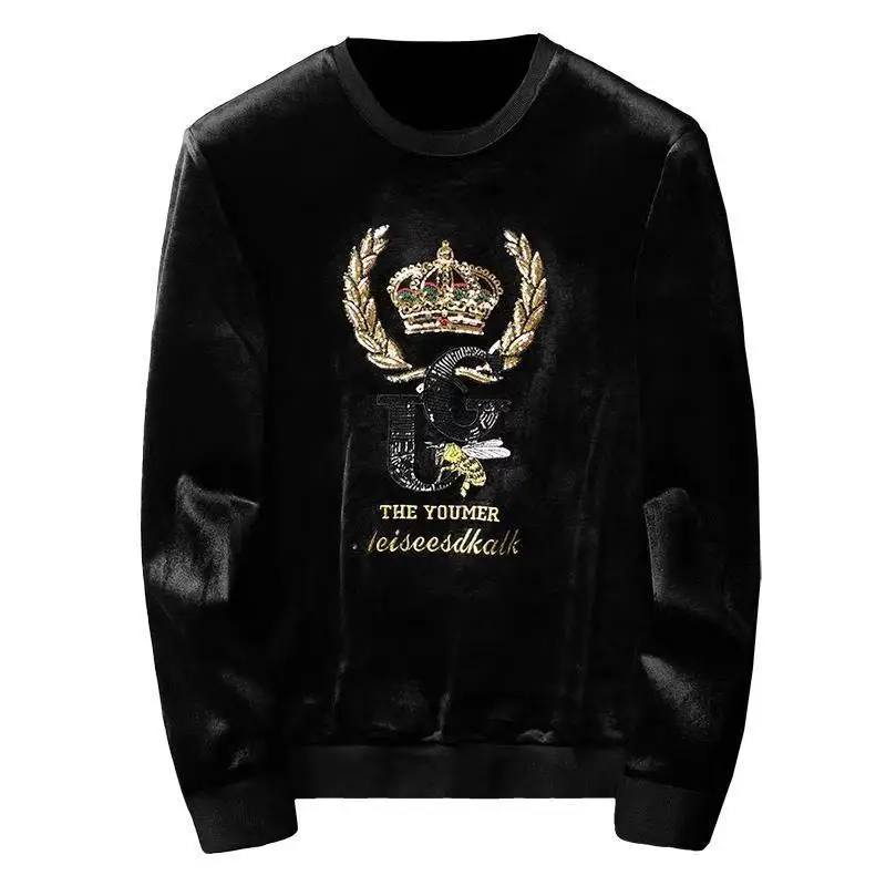 Men\'s Fall/Winter Crown Embroidered Double-sided Velvet Gold Velvet Thickened Long Sleeve Wear Fashion Handsome Joker Top