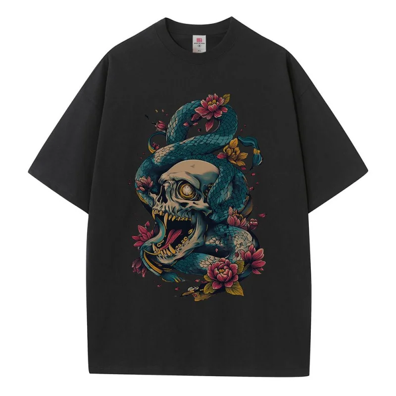 Cotton Graphic T Shirts Skull Python Illustration Printed Unisex Tops Heavyweight Drop Shoulder Oversized T Shirt Breathable