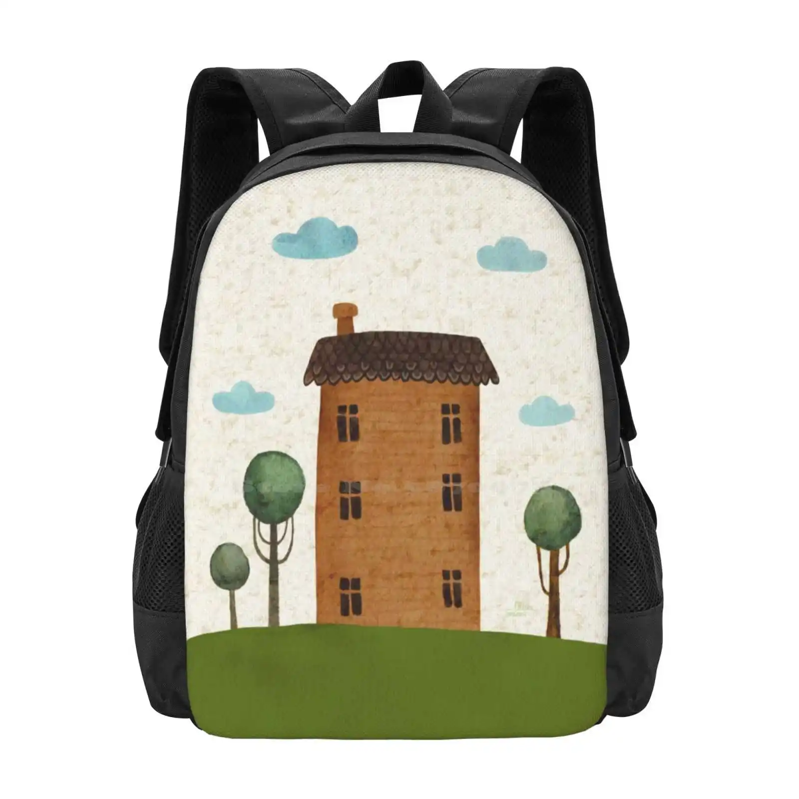 House In The Сlouds Hot Sale Backpack Fashion Bags House Clouds Watercolor Kids Home Country Cute Green