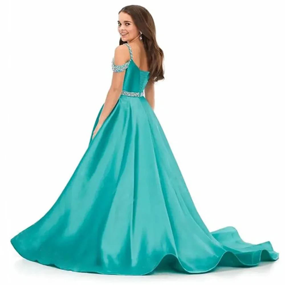 

Satin Child Wedding Party Dresses Long Beaded Off Shoulder Birthday Flower Girl Dress Formal Evening Gowns for Girls
