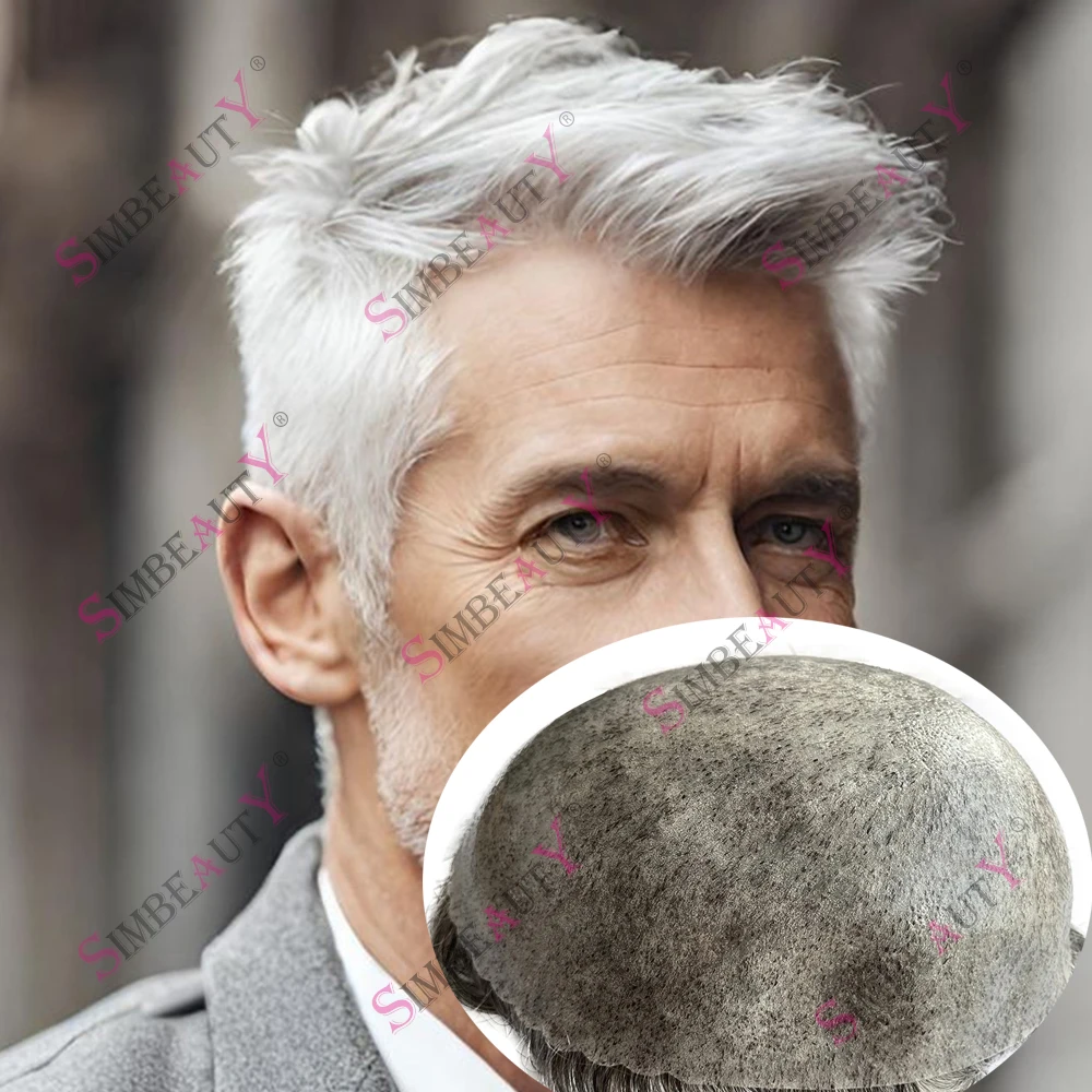 

Мужской парик-система замещения волос из 80% натуральных серых прямых/волнистых волос с естественной линией роста волос, прочный, с полиуретановой основой 0,1 мм, модный
