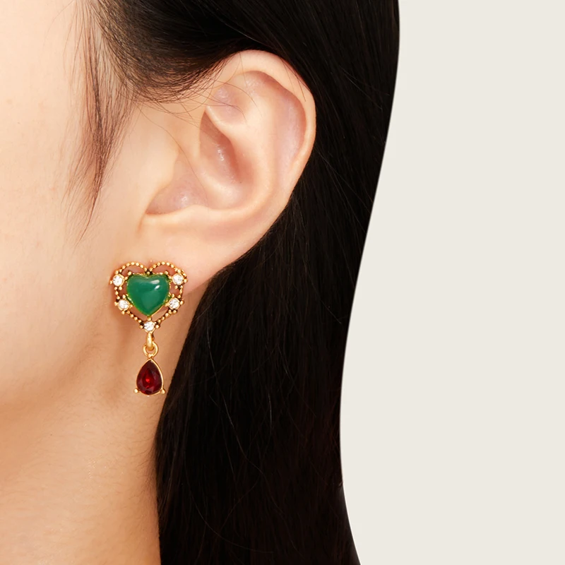 LEWIS SEGAL Love Emerald Stud Earrings For Women Independent Girl Medieval Style Fine Jewelry 18K Real Gold Plated