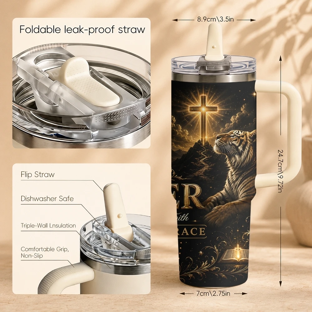 Christ The Cross Lion Tiger Wolf Vacuum Flasks 40oz Thermal Tumbler Handle Stainless Steel Insulated Water Portable Mug Cup