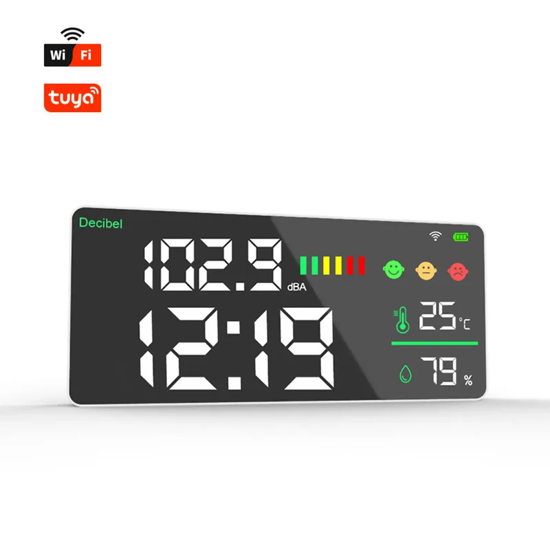 Medidor de Nível de Som Detector de Ruído Relógio de Parede Medidor de Umidade de Temperatura Decibel App Ddm165a-wifi