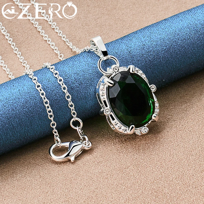 ALIZERO 925 Sterling Silver Green AAAAA Zircon Pendant Necklace 16-30 Inch Chain Women Lady Wedding Party Charm Retro Jewelry