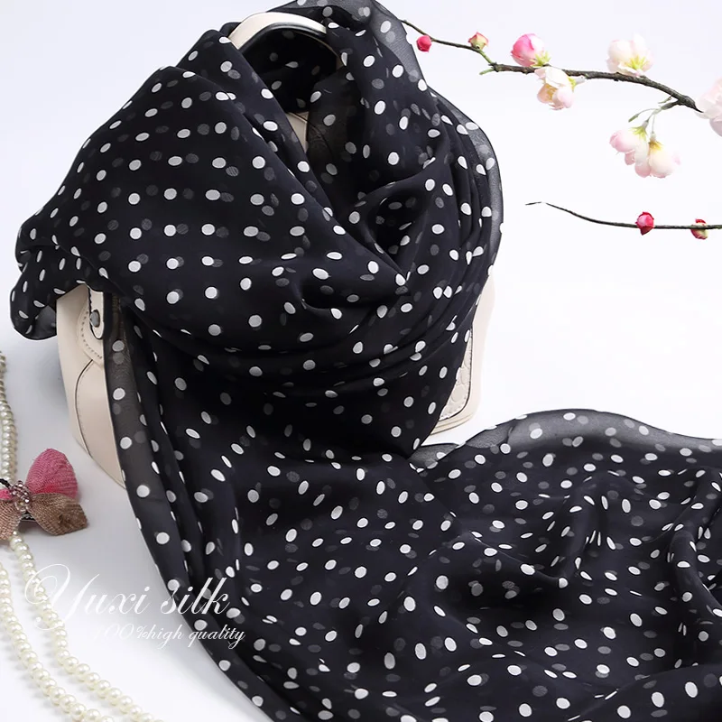 

High Quality Black and White Polka Dot Dots% Silk Long Scarf Shawl Women's Spring, Autumn Winter Summer
