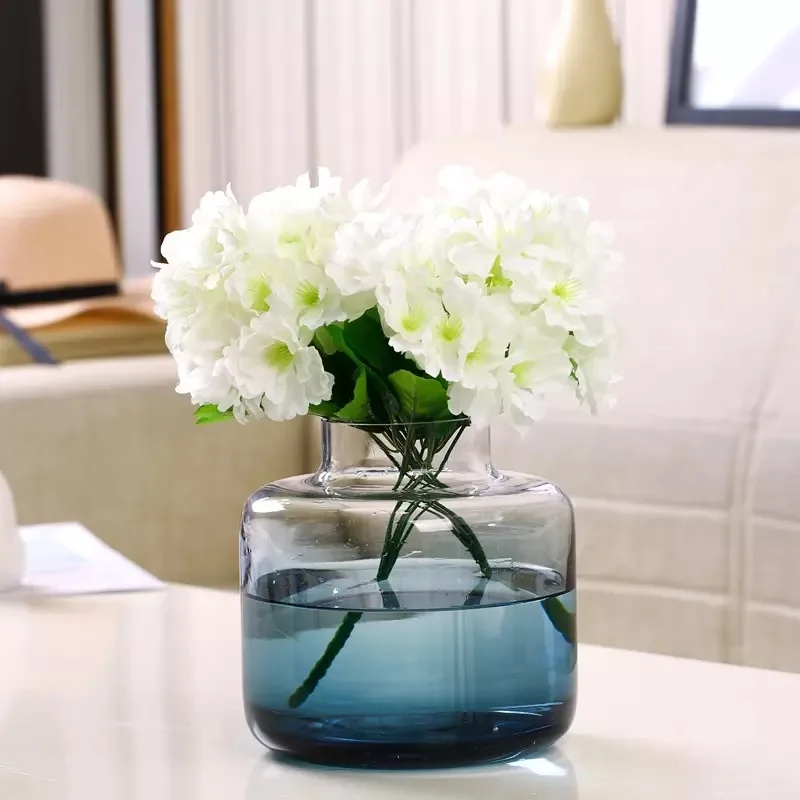 European-style Gradient Blue-green Straight-body Closing Translucent Glass Vase Decoration Ornaments for Hall