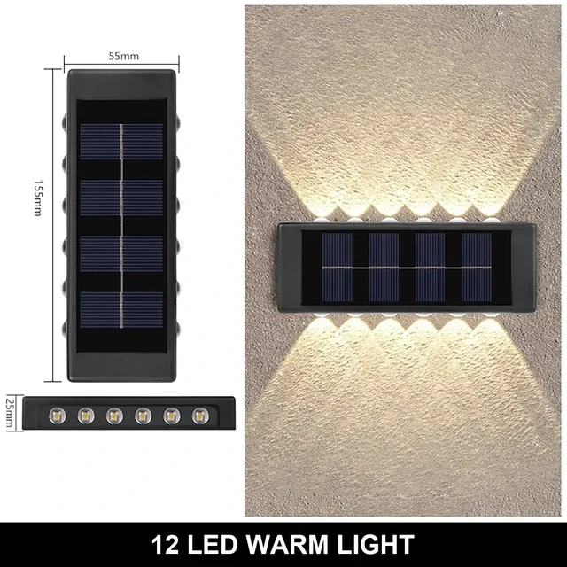 Buitenwandlamp op zonne-energie, 12 LED's, waterdicht tuinlicht, binnenplaatsbalustrade, decoratieve sfeerlamp, lichtgevende zonnelamp naar beneden
