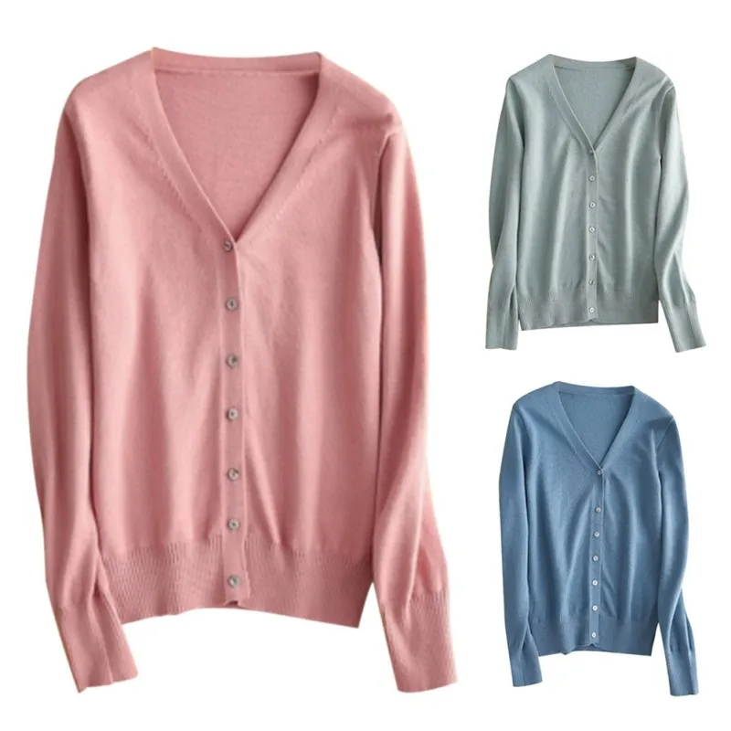 Women Cardigan Button Solid Color Knit Long Sleeve Casual Warm Loose Sweater