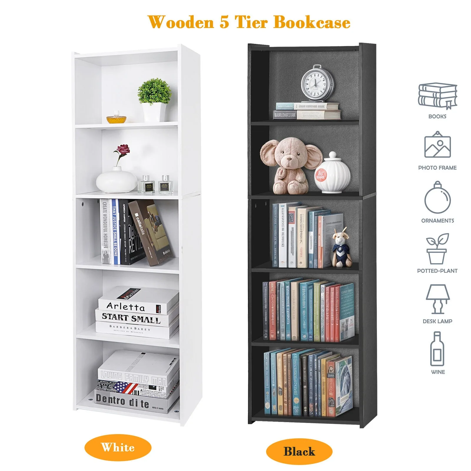 

Bookcase 5-Tier Bookshelf Wood Open Shelf Display Storage Organizer White/Black United States