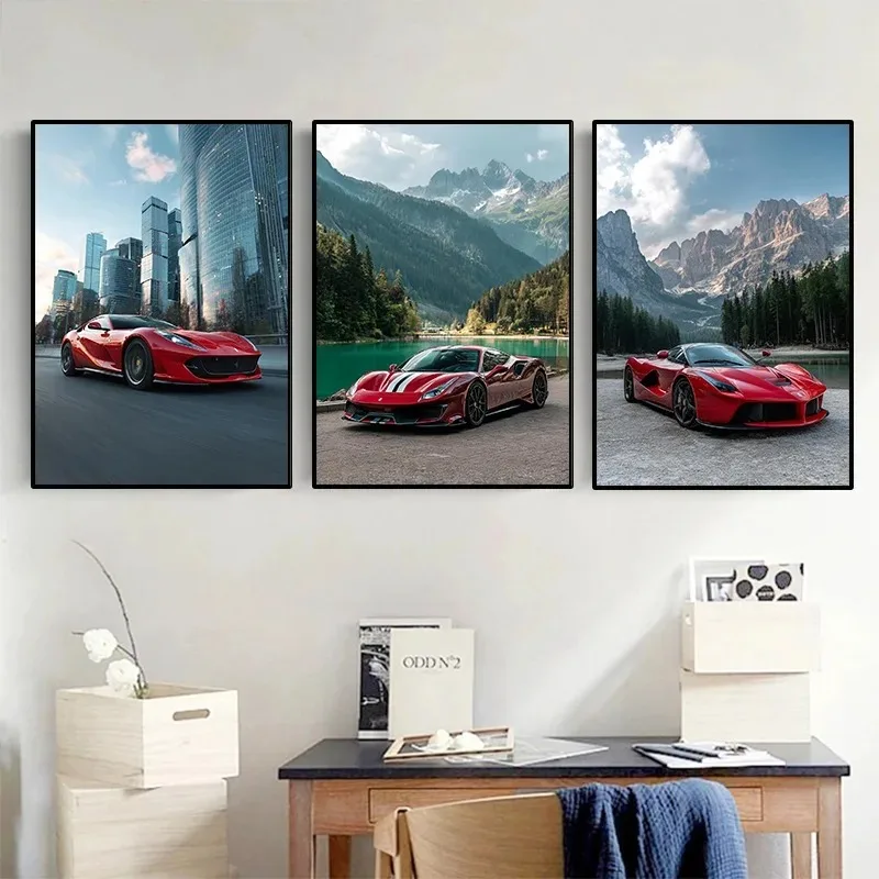 Vintage 90's FER Supercar Poster Classic Red Sports Car Famous Brand Canvas Painting Wall Art for Garage Living Room Home Decor