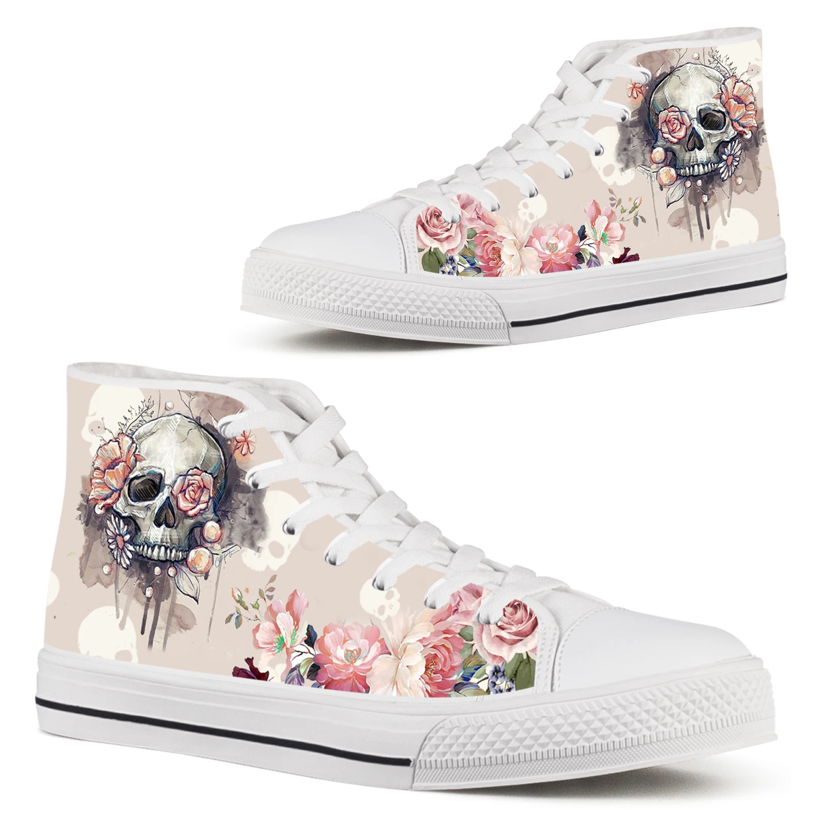 ELVISWORDS Sugar Rose Flower Skull Printed Women's High Canvas Comfort Teen Boys Girls Vulcanized Shoes Casual Ladies Sneakers