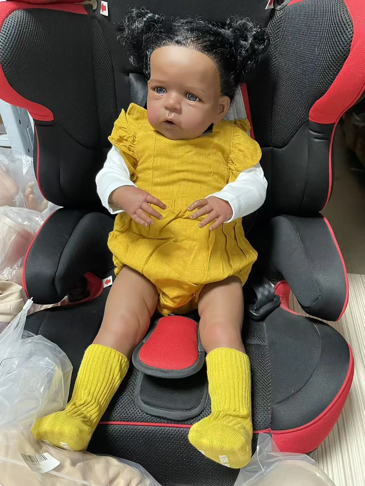 24inch With Hand Root Curly Hair Dark Skin Sandie Soft Cloth Body Multiple Layers Painting Lifelike Newborn Reborn Doll