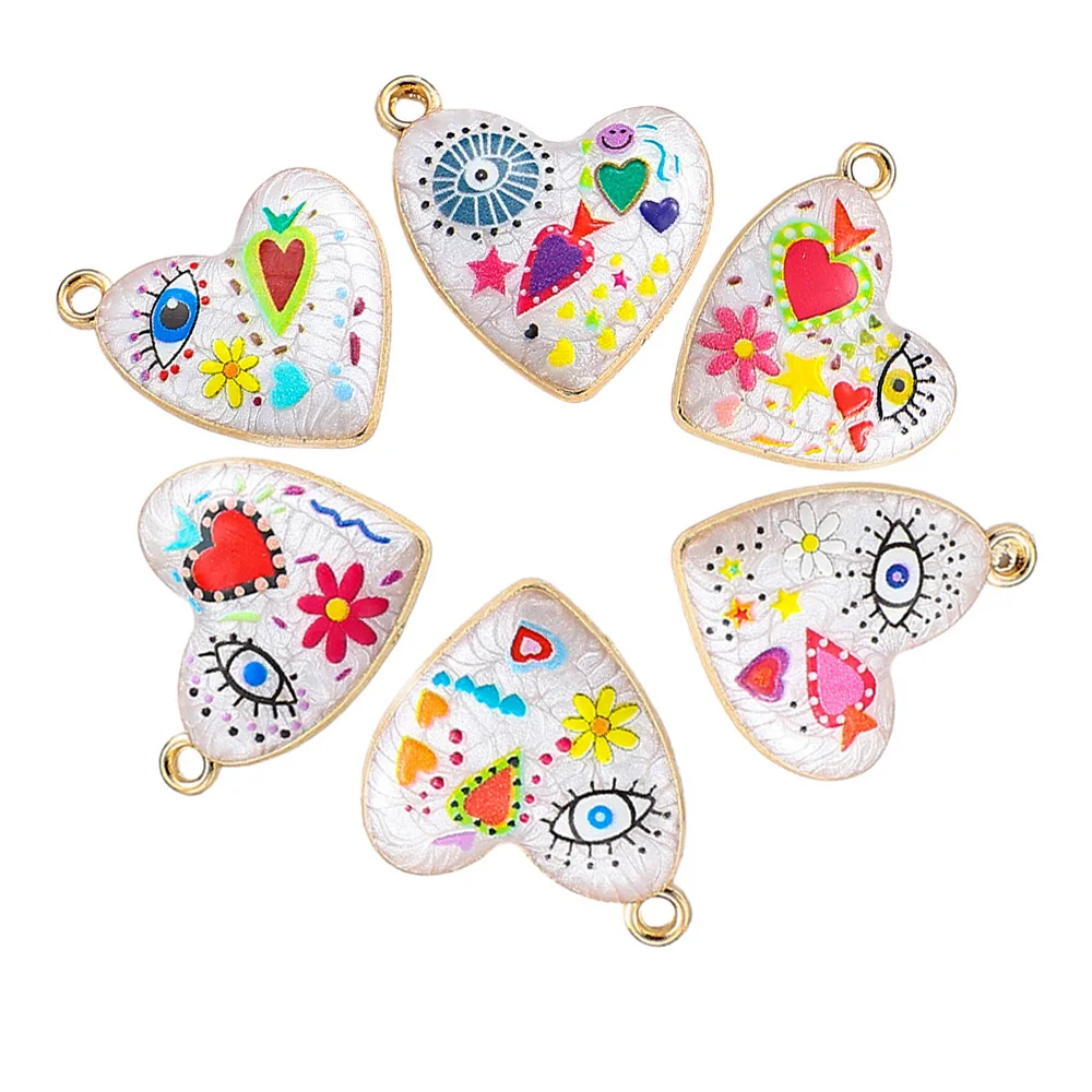 5 Stück 20 x 23 mm böhmischer Stil bunter Herz-Blumendruck-Anhänger für Modeschmuck, DIY-Halsketten-Zubehör – Detail 2